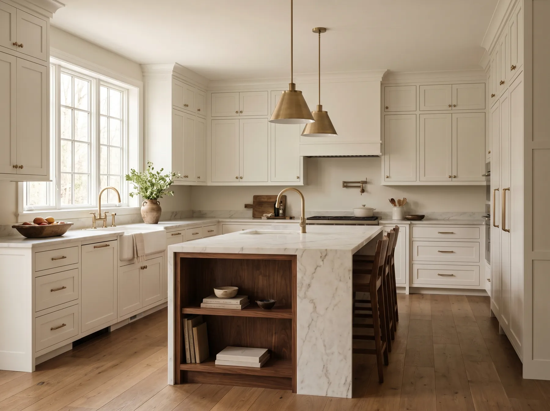 A warm modern-classic kitchen with walnut and brass accents and marble countertops