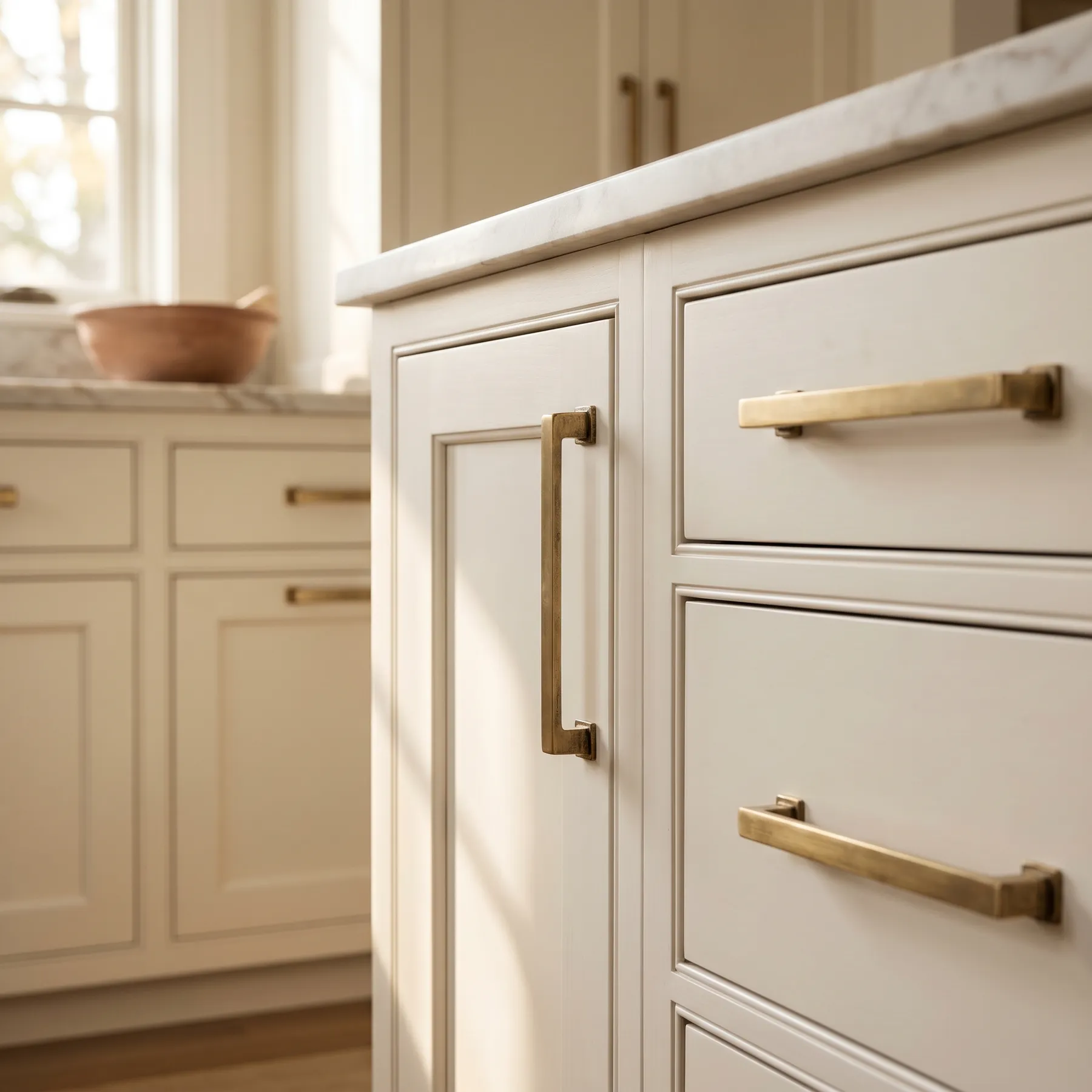 Custom white shaker cabinetry with brushed brass pulls