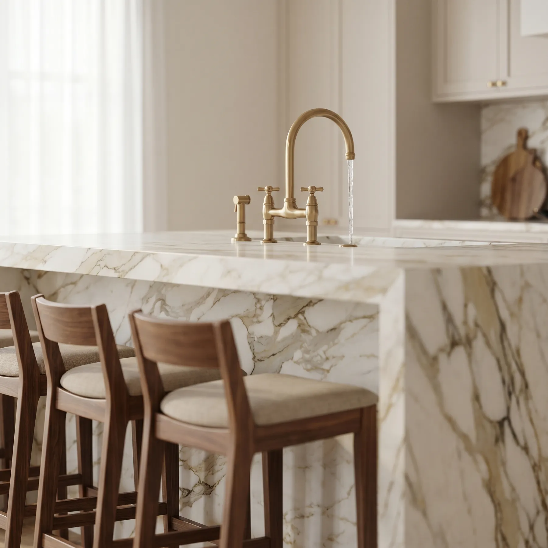 A marble waterfall island with a brushed brass faucet and walnut bar stools