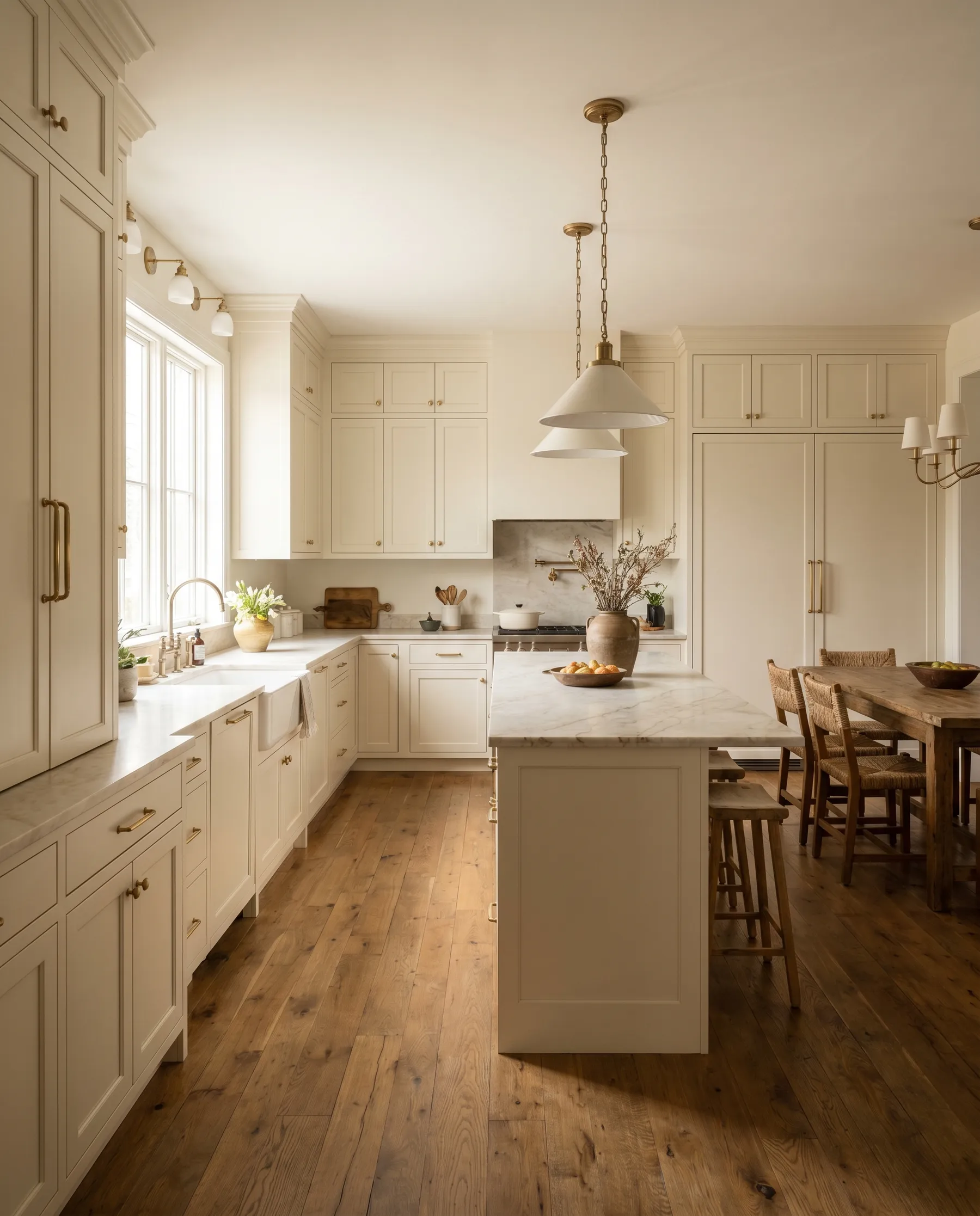 A complete transitional kitchen remodel with white shaker cabinets, brass fixtures, and a marble island